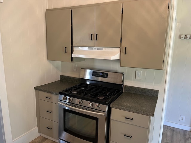 kitchen with stainless steel gas range oven, dark countertops, wood finished floors, and under cabinet range hood