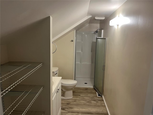 bathroom with a shower stall, toilet, vanity, and wood finished floors