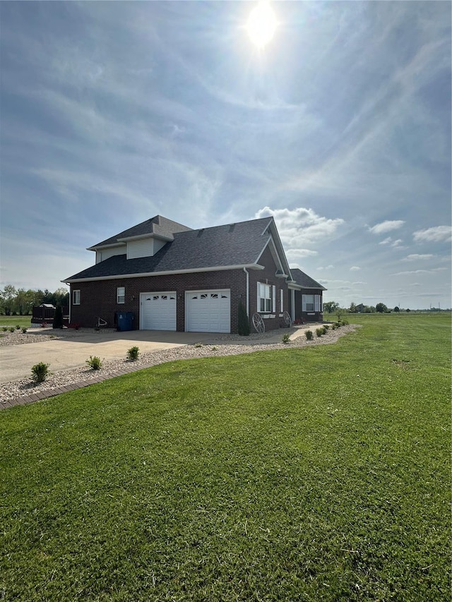 view of property exterior featuring an attached garage, brick siding, dirt driveway, roof with shingles, and a lawn