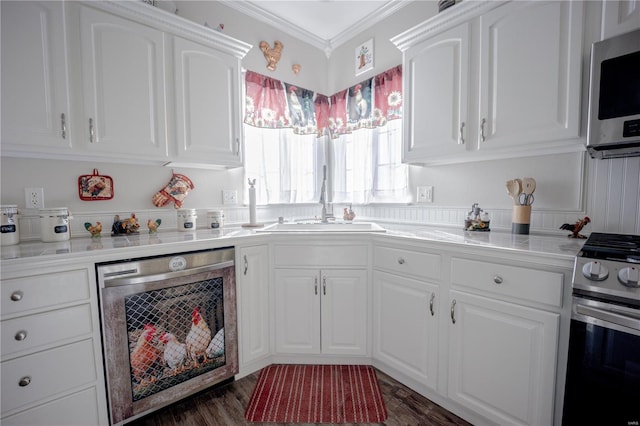 kitchen featuring dark wood-style floors, a sink, light countertops, white cabinets, and appliances with stainless steel finishes