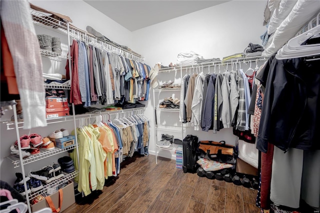 walk in closet with wood finished floors