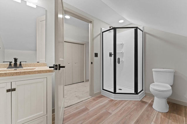 full bathroom featuring a shower stall, lofted ceiling, wood finished floors, toilet, and vanity