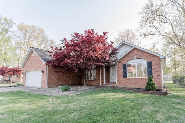 ranch-style house with a front lawn, brick siding, fence, and a garage