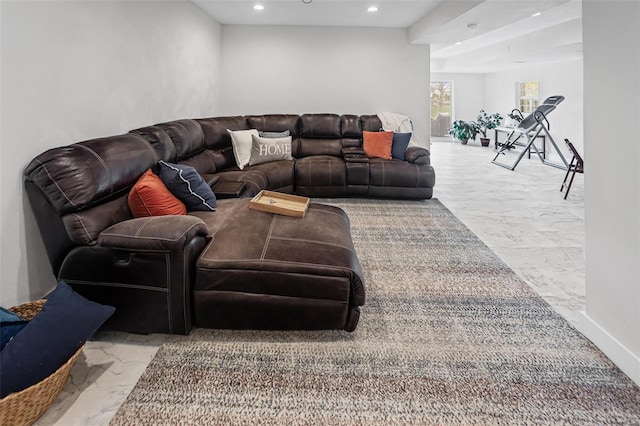 living room featuring marble finish floor and recessed lighting