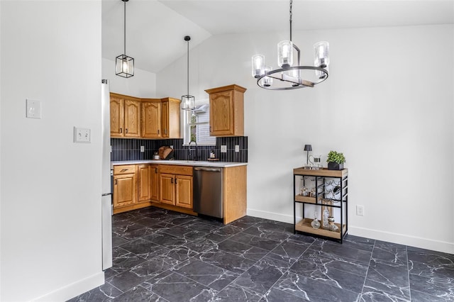 kitchen featuring an inviting chandelier, light countertops, stainless steel dishwasher, baseboards, and decorative backsplash