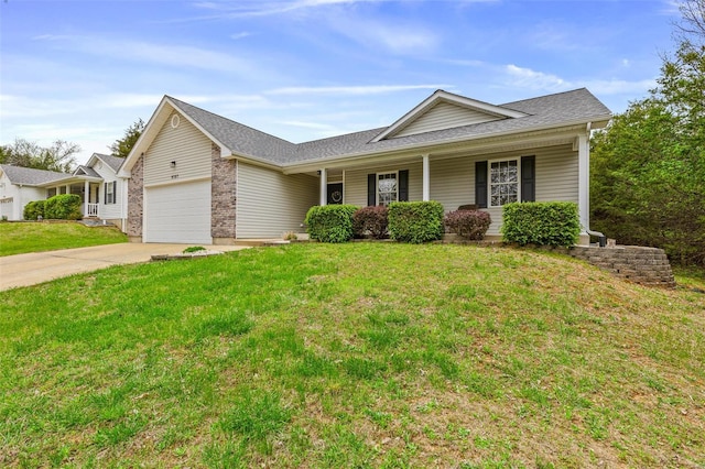 ranch-style home with roof with shingles, a front lawn, driveway, covered porch, and an attached garage