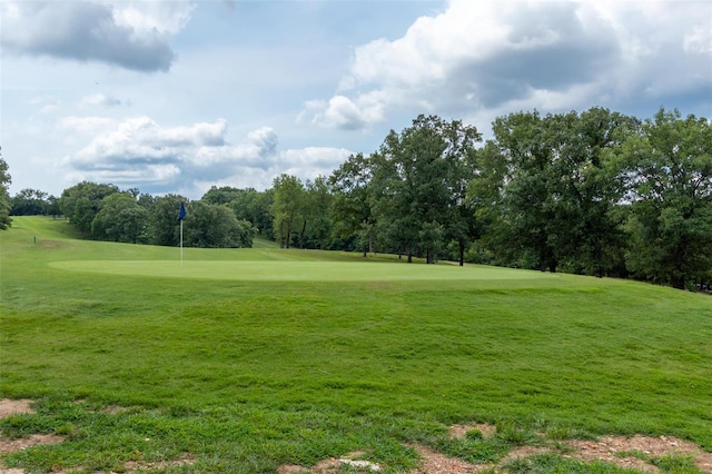 view of community featuring a yard and golf course view