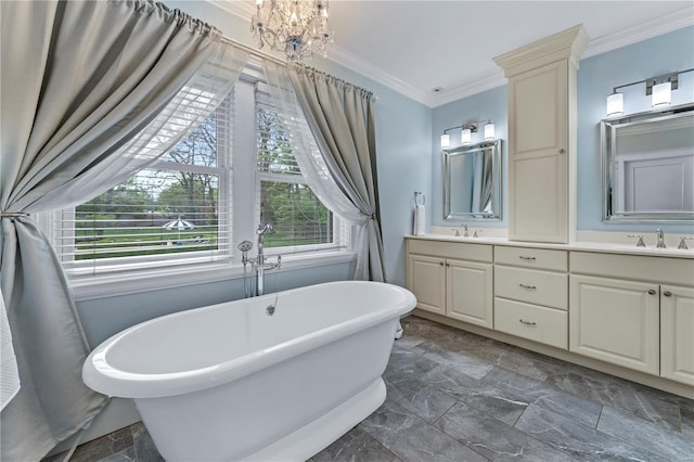 full bathroom with double vanity, a sink, ornamental molding, and a healthy amount of sunlight