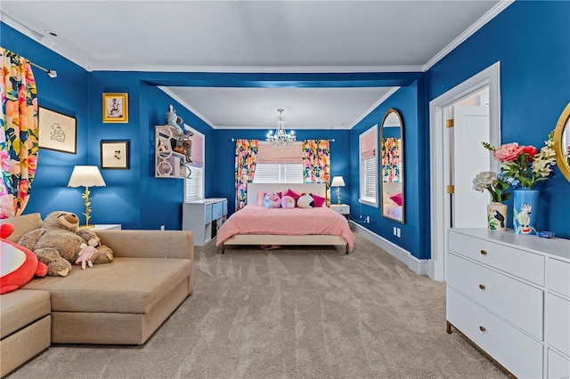 carpeted bedroom featuring crown molding, baseboards, and a chandelier