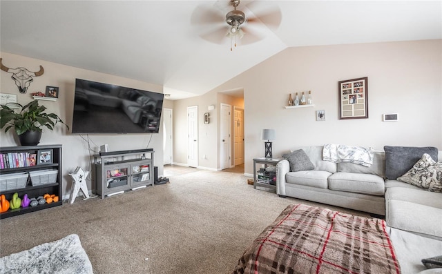 living area with carpet flooring, baseboards, lofted ceiling, and a ceiling fan
