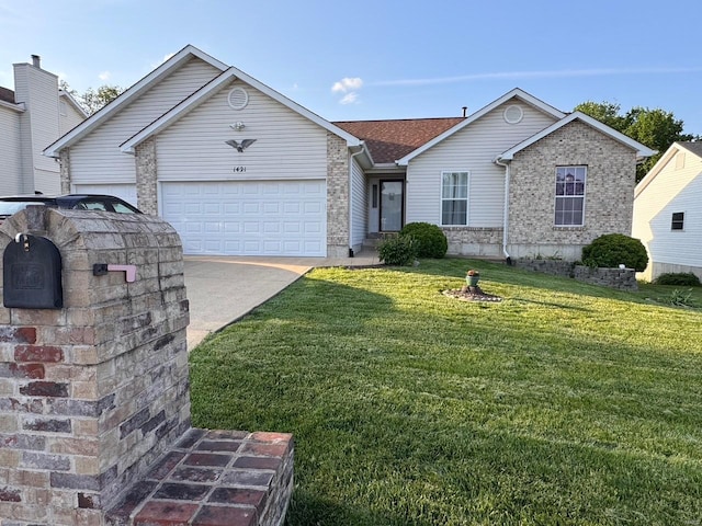 ranch-style house with concrete driveway, brick siding, a front lawn, and a garage