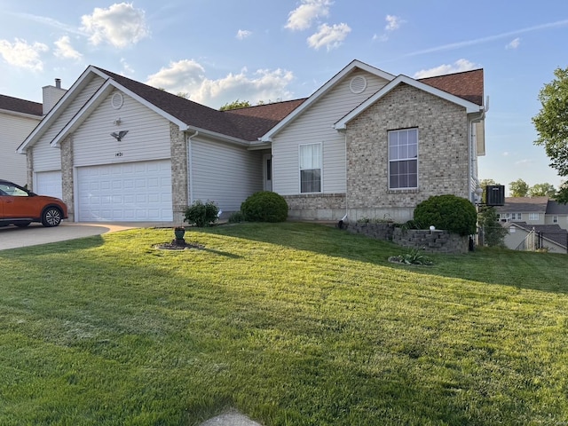 ranch-style home with a front yard, a garage, brick siding, concrete driveway, and a shingled roof