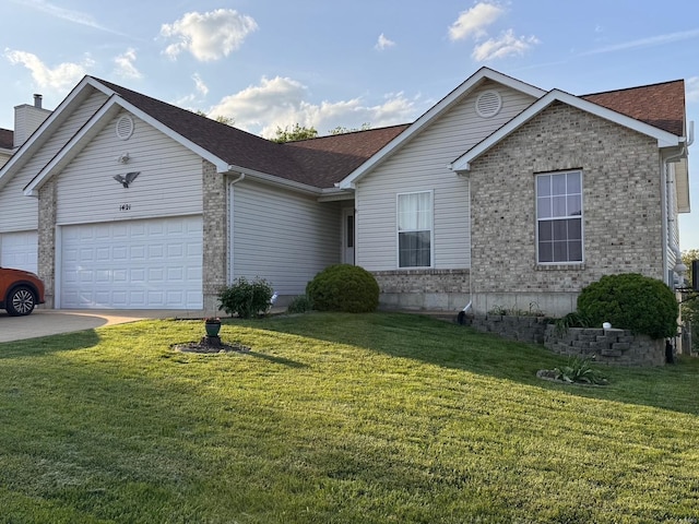 ranch-style home featuring concrete driveway, brick siding, a front yard, and a garage