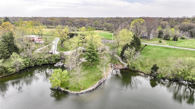 birds eye view of property featuring a wooded view and a water view