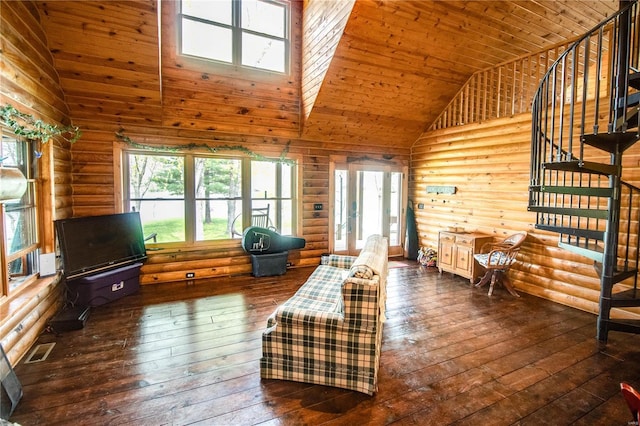 living area with wood-type flooring, visible vents, log walls, and high vaulted ceiling