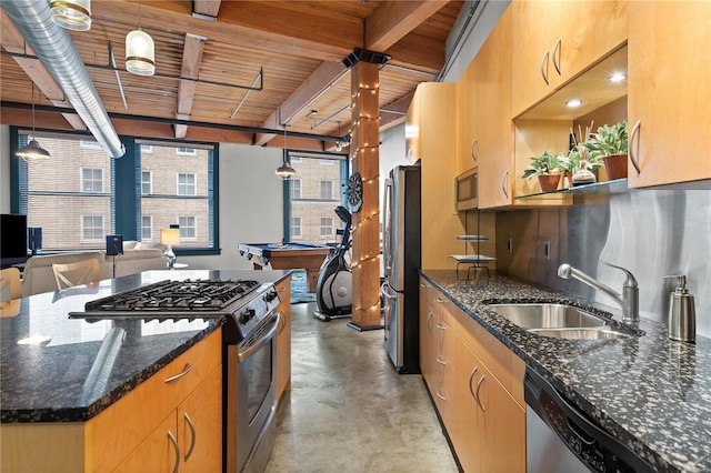 kitchen with dark stone counters, wood ceiling, a sink, concrete floors, and stainless steel appliances