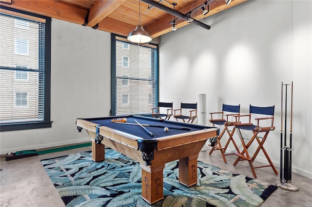 rec room featuring wooden ceiling, baseboards, beamed ceiling, and billiards