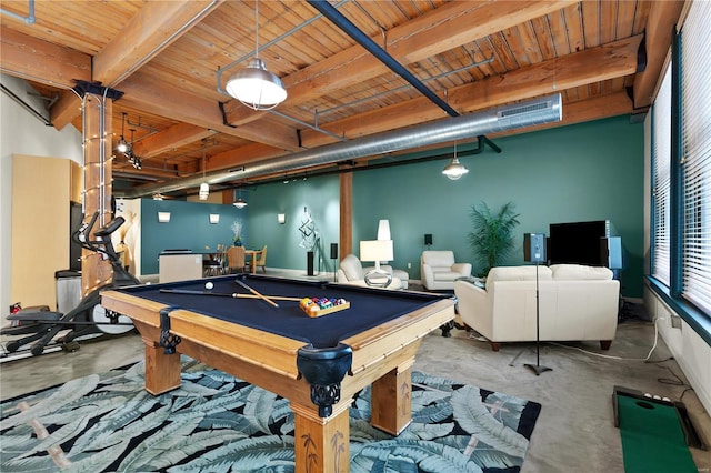 playroom featuring billiards, concrete floors, beam ceiling, and wooden ceiling