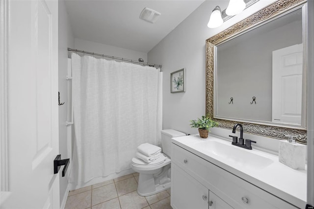 bathroom featuring tile patterned floors, a shower with curtain, toilet, visible vents, and vanity