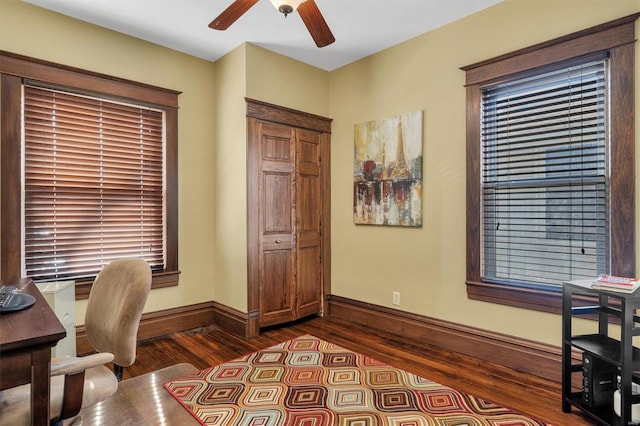 home office featuring ceiling fan, baseboards, and dark wood-type flooring