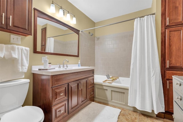 full bathroom featuring shower / tub combo, toilet, and vanity