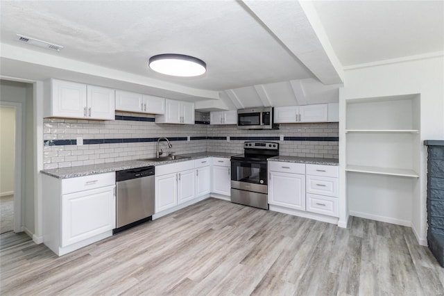 kitchen with tasteful backsplash, white cabinets, visible vents, stainless steel appliances, and a sink