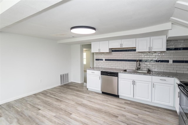 kitchen featuring dishwasher, a sink, light wood-type flooring, tasteful backsplash, and white cabinetry
