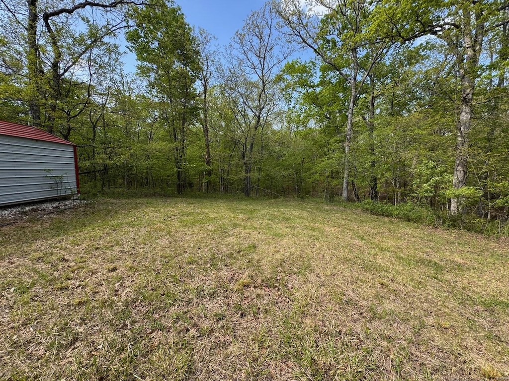 view of yard with a wooded view and an outdoor structure