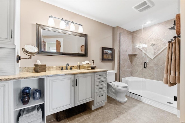 bathroom featuring vanity, toilet, tile patterned floors, a shower stall, and visible vents