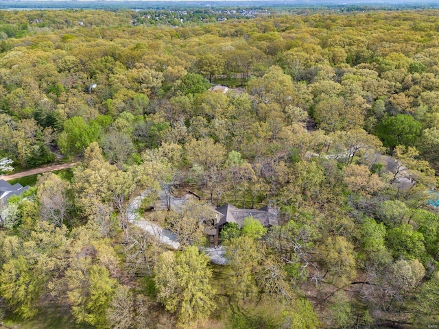 bird's eye view with a wooded view