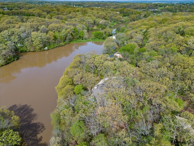 aerial view with a water view and a view of trees