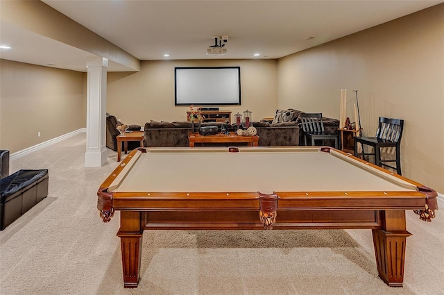 playroom with recessed lighting, baseboards, pool table, and light colored carpet