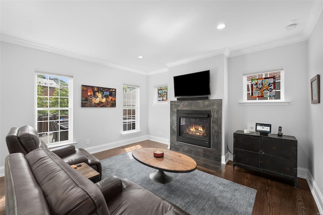 living room with crown molding, a tile fireplace, wood finished floors, baseboards, and recessed lighting