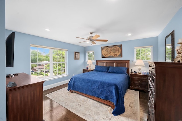 bedroom featuring recessed lighting, ceiling fan, and wood finished floors