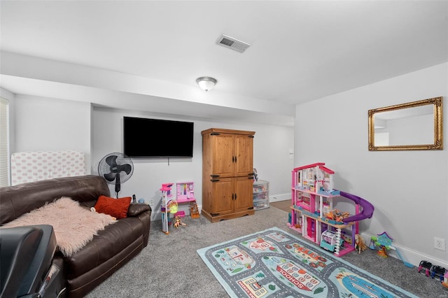 game room with visible vents, baseboards, and carpet floors