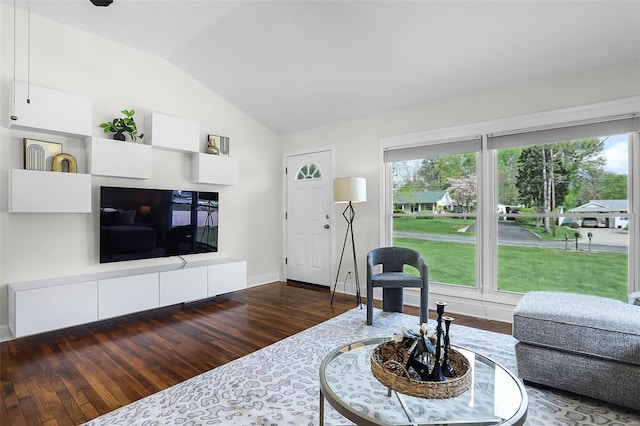 living area featuring baseboards, wood finished floors, and vaulted ceiling