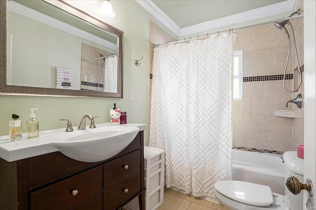 full bath featuring crown molding, vanity, tile patterned floors, toilet, and shower / bath combo with shower curtain