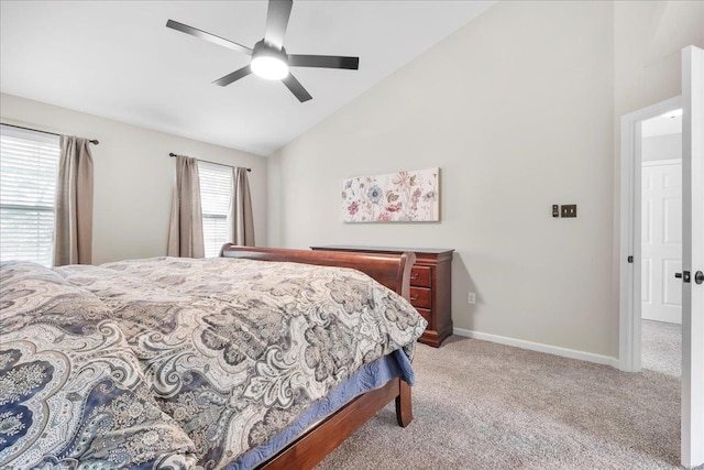 bedroom featuring carpet, a ceiling fan, vaulted ceiling, and baseboards