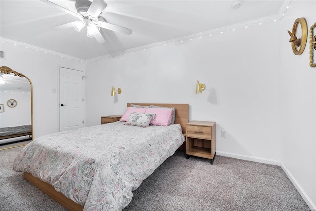 bedroom featuring carpet, ceiling fan, baseboards, visible vents, and crown molding
