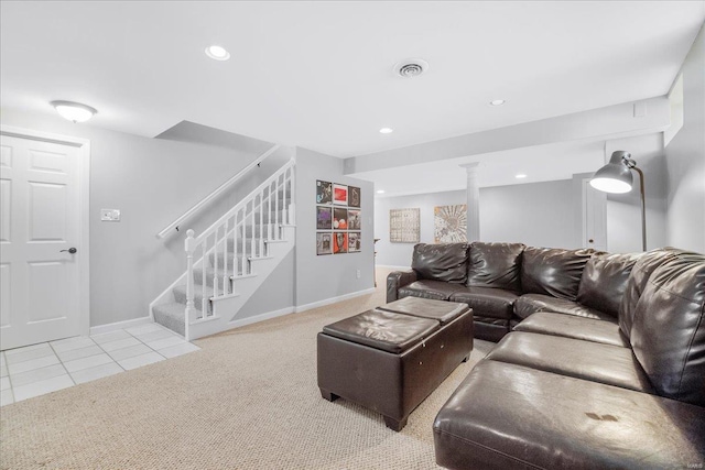 living area with recessed lighting, stairs, tile patterned floors, carpet flooring, and visible vents