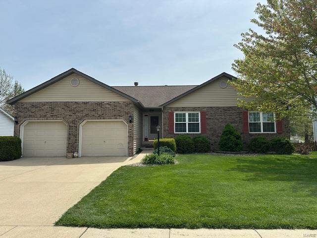ranch-style home with concrete driveway, an attached garage, brick siding, and a front lawn