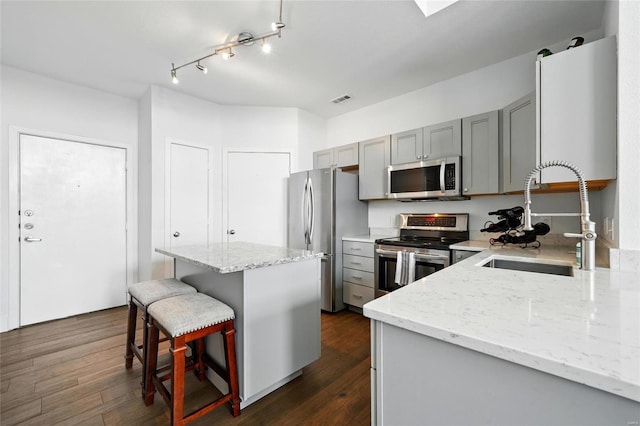 kitchen with gray cabinets, light stone counters, stainless steel appliances, a sink, and visible vents