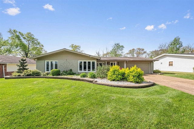 ranch-style house with a front yard, driveway, and an attached garage
