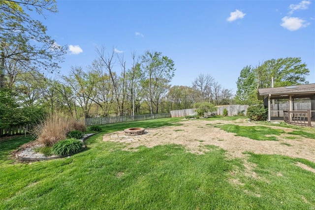 view of yard with a fire pit and a fenced backyard