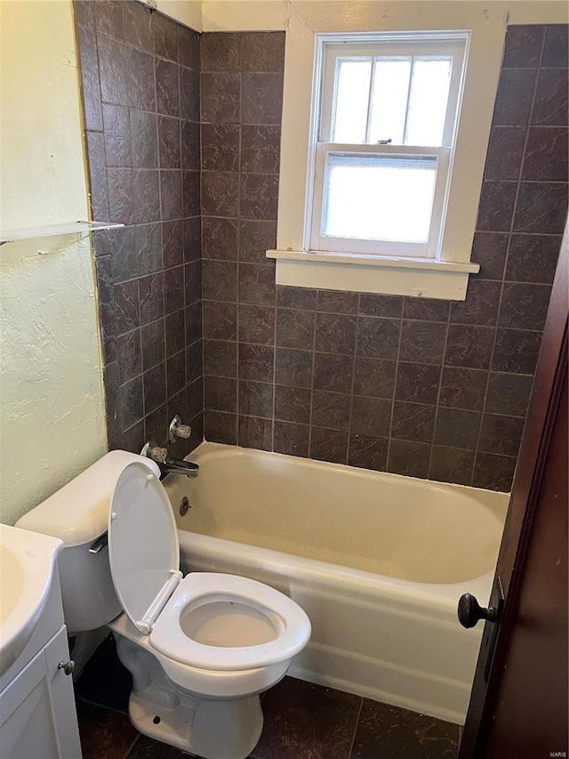full bath featuring toilet, shower / washtub combination, tile patterned flooring, and vanity