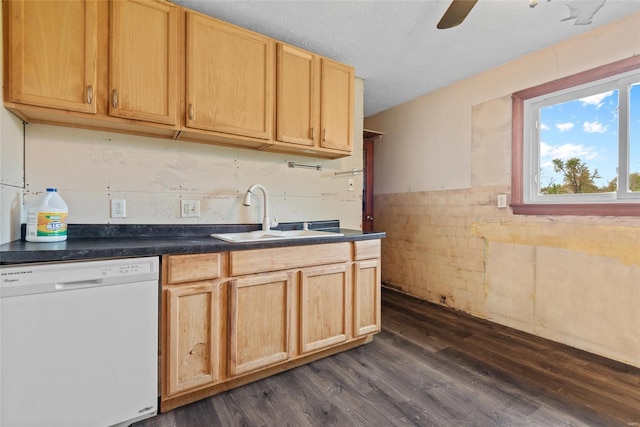 kitchen with a sink, dark countertops, white dishwasher, a ceiling fan, and dark wood-type flooring