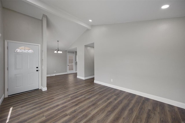 entrance foyer with recessed lighting, dark wood-style floors, vaulted ceiling with beams, baseboards, and a chandelier
