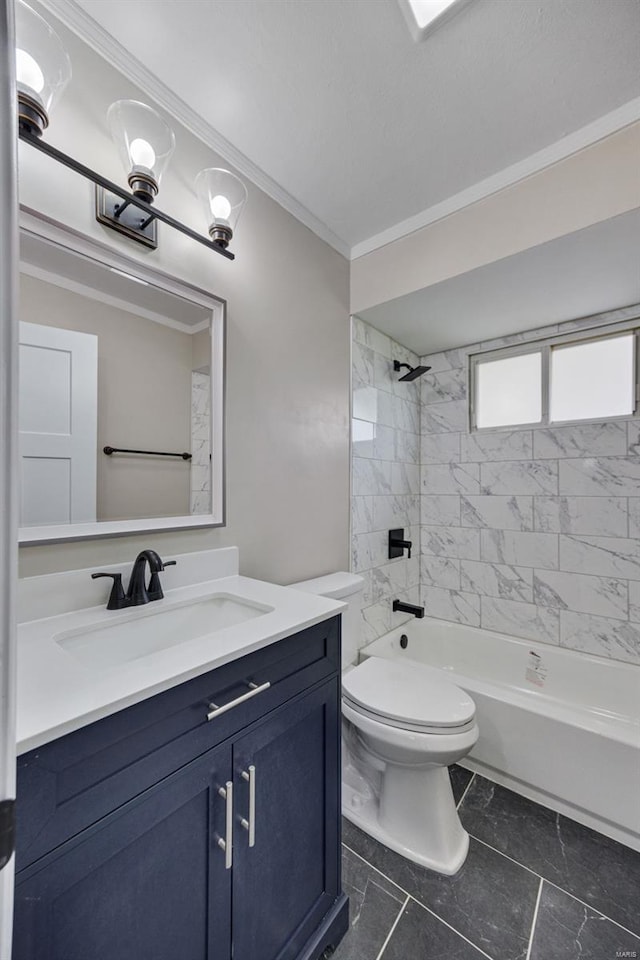 full bath featuring toilet, crown molding, vanity, and shower / bathing tub combination