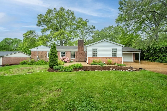 single story home with a chimney, a garage, brick siding, a front lawn, and concrete driveway