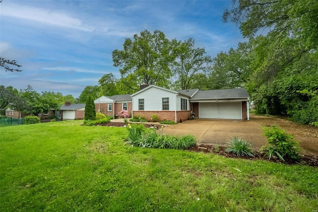 ranch-style house featuring brick siding, a garage, a front yard, and concrete driveway
